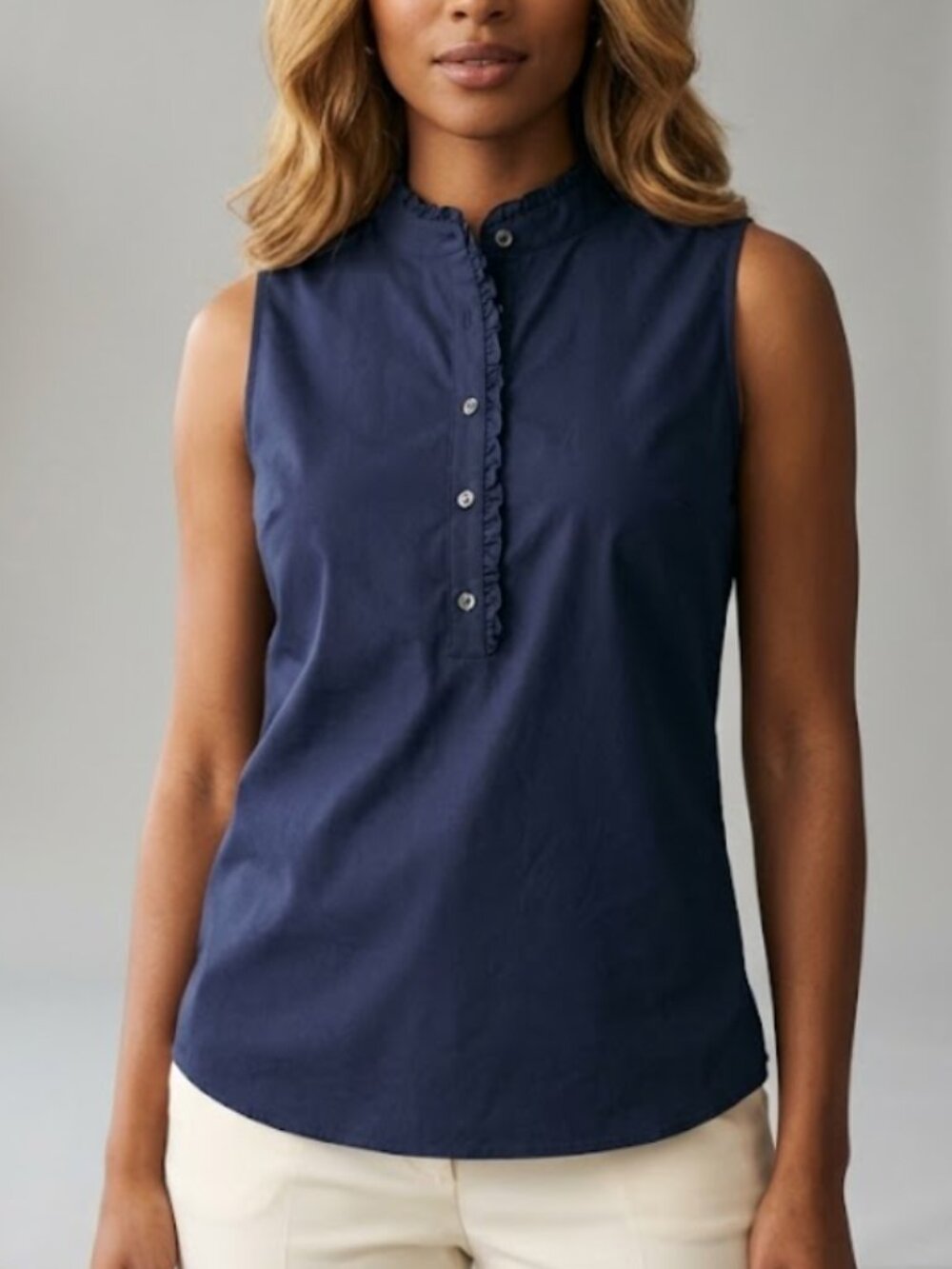 Lands' End Navy Sleeveless Ruffle Henley Shell No Iron
